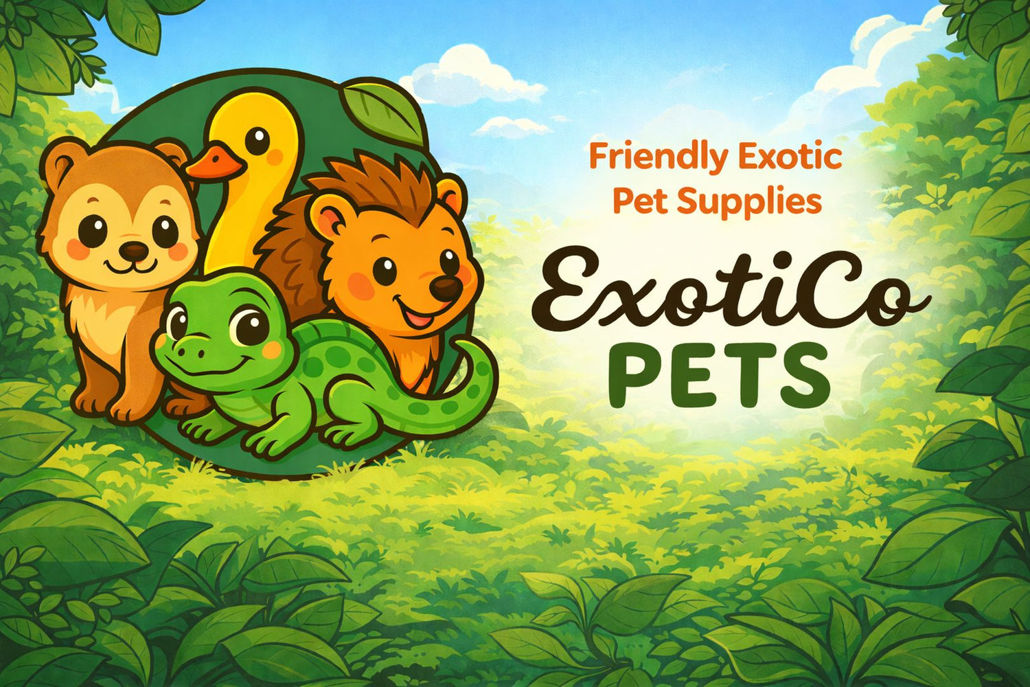 ExotiCo Pets logo with cartoon animals in a jungle setting